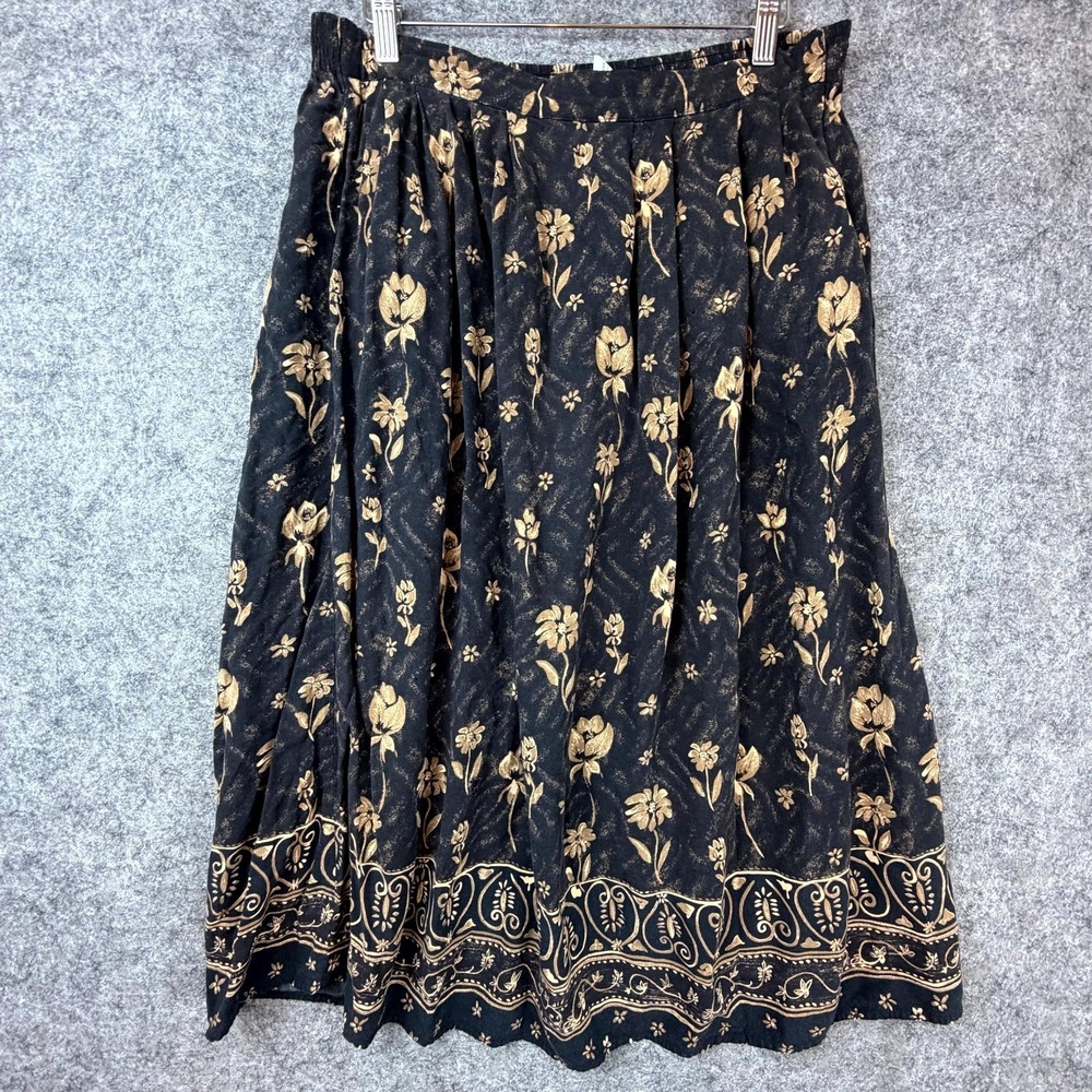 Vintage Radcliffe Midi Skirt Womens Large Petite Black Floral 90s Dark‎ Boho